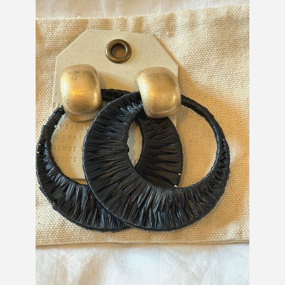 Raffia Black and Gold Hoop Earrings NWT - Picture 2 of 6